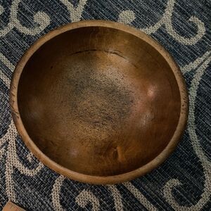 Vintage Wooden Bowl Out Of Round Handmade 12 1/2” Diameter Cottage
